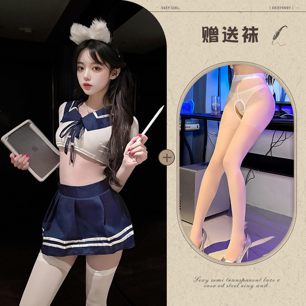 QQNY Pure Allure Lace Sleepwear Set – Elegant Sensual Women's Intimate Nightwear, Premium Soft Fabric - Sailor uniform, white and blue, with white open-crotch socks