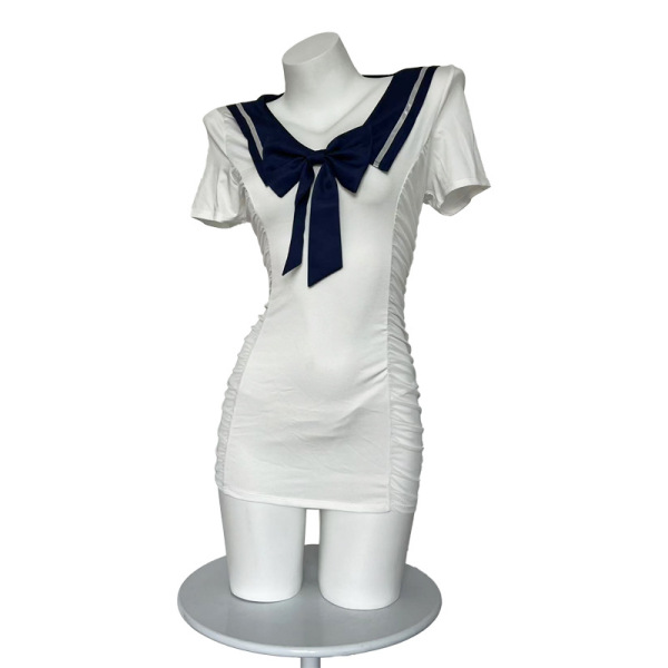 White sailor-style lingerie dress with navy bow, sheer cutouts, and ruched sides for seductive role play.