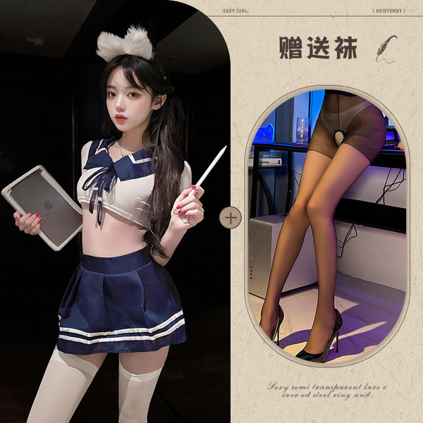 QQNY Pure Allure Lace Sleepwear Set – Elegant Sensual Women's Intimate Nightwear, Premium Soft Fabric - Sailor uniform, white and blue, with black open-crotch socks