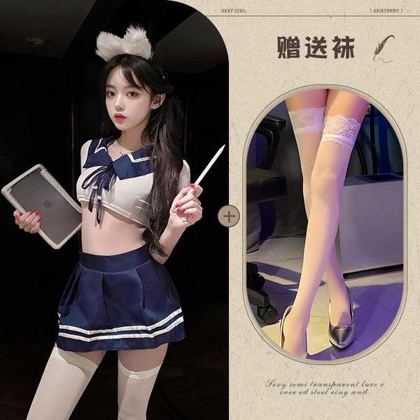 QQNY Pure Allure Lace Sleepwear Set – Elegant Sensual Women's Intimate Nightwear, Premium Soft Fabric - Sailor uniform, white and blue + white stockings