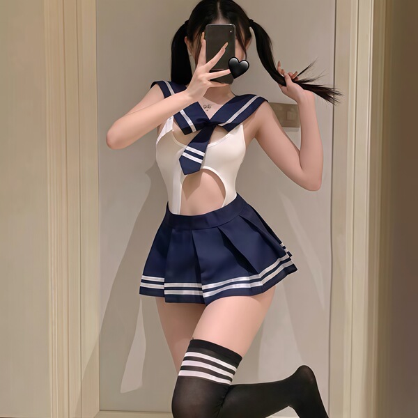 Sexy Lingerie Set - Elegant Pure-Desire JK Style Sleepwear with Open-Crotch Skirt, Premium Nightwear for Women - Sailor uniform + white fishnet stockings
