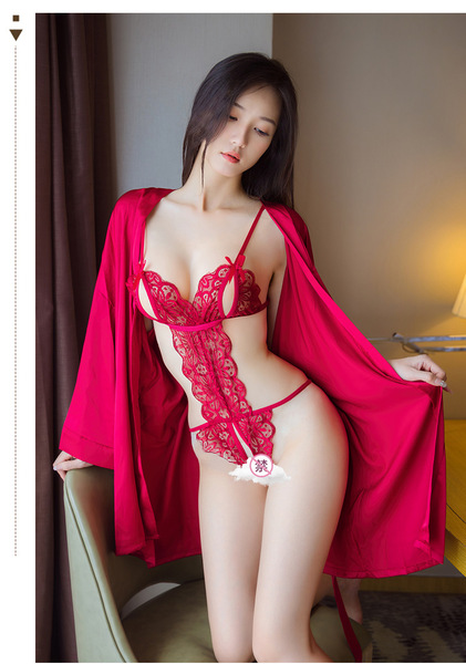 Seductive Sheer Lace Robe Set - Sexy Pure Temptation Sleepwear & Intimate Lounge Outfit in 3 Colors - Wine-colored robe