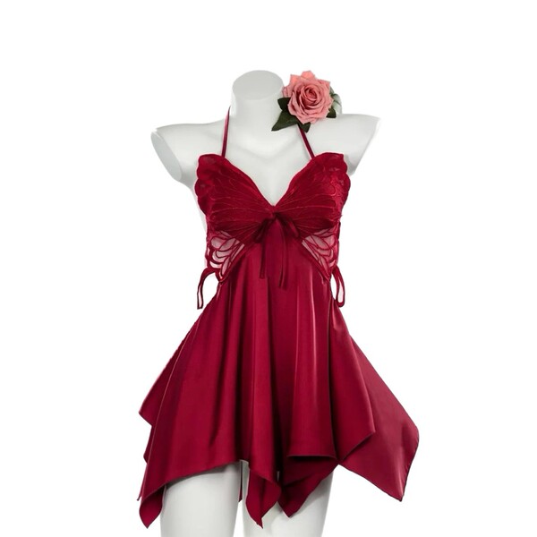 Sakuqiu butterfly lace sleep dress - rich red halter top with sheer mesh back detail and flared skirt design
