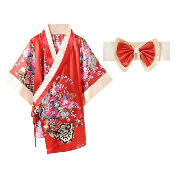 Sakura kimono lingerie set - japanese role play costume for cosplay, featuring vibrant floral design and elegant red accents.