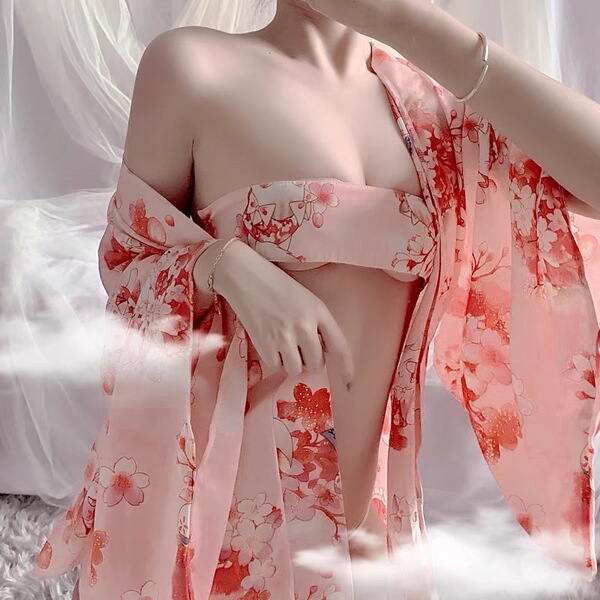 Japanese-Style Sexy Lingerie Sleep Set – Sakura-Themed At-Home Kimono Sleepwear, No-Remove Design - Cherry blossom kimono