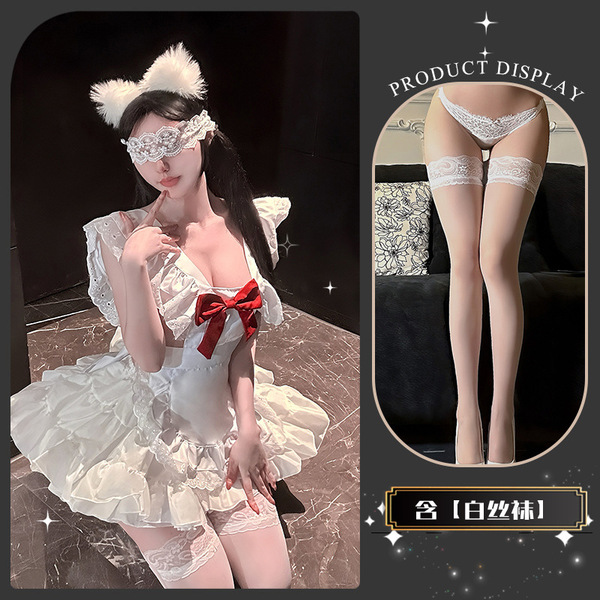 QingShe Soft Cute Lingerie Set - Bowknot Maid-Inspired Pure & Tempting Lolita Erotic Underwear for Women - Cherry blossom and jasmine knot~ [Apron + tutu + matching socks]