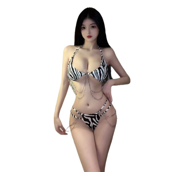 Sakura passion zebra-print bikini with chain details, featuring a lace bra top and matching bottoms for seductive swimwear st...