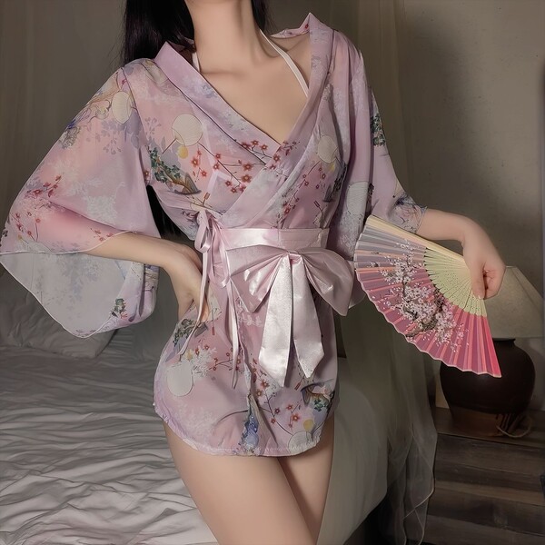 New Japanese Kimono Lingerie Set with Bow Detail - Sexy Yukata Robe & Matching Underwear - Cherry blossom pink [print]