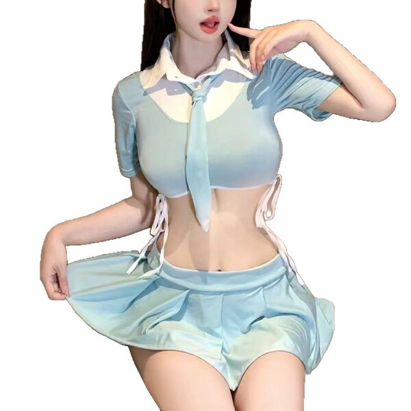 Sakura romance lingerie set - sailor school uniform style erotic costume for role play, featuring a light blue top with a tie...