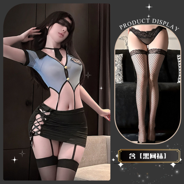 Flirty Lace Peek-A-Boo Lingerie Set with Front Snap Closure & Sheer Stockings – Secretary Style Outfit - Sea salt clams + black fishnet stockings