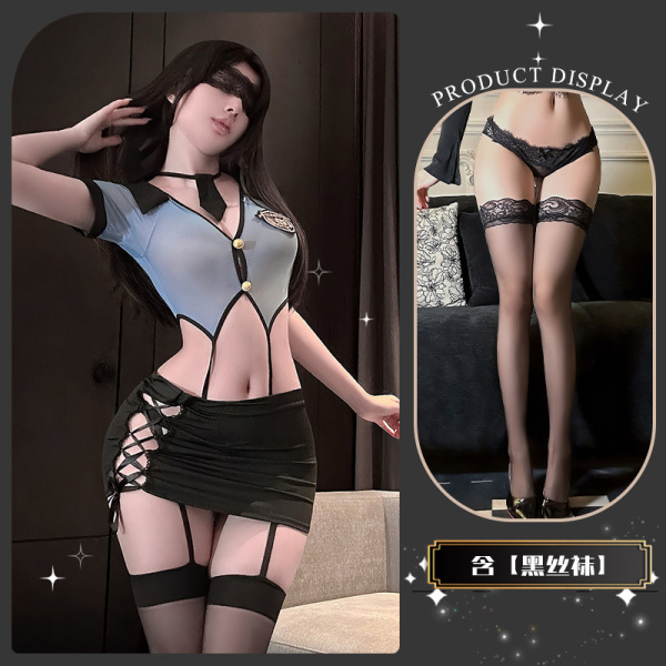 Flirty Lace Nursing Bra Set with Front Clasp & Sheer Stockings - Secretary Style Uniform Outfit - Sea salt clams + black stockings