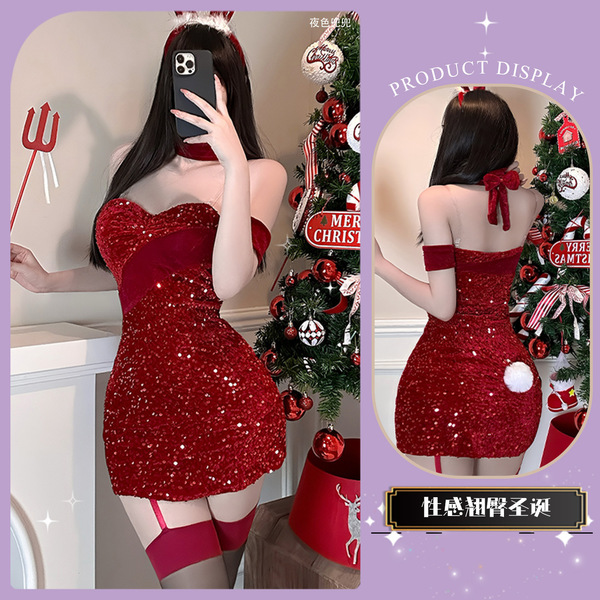 Chao Mu Lingerie Dress - Sexy Christmas & Valentine's Day Costume Dress, Seductive Slip Dress for Date Night - Bodycon Christmas dress + black stockings