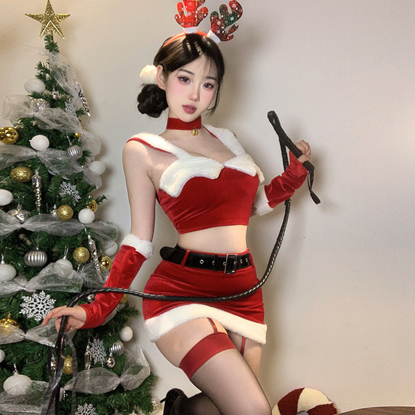 New Year Party Outfit - Sexy Busty Cosplay Costume, Tight Bodycon Mini Skirt for Nightclub & NYE Events - Onesie Christmas outfit + ears + whip