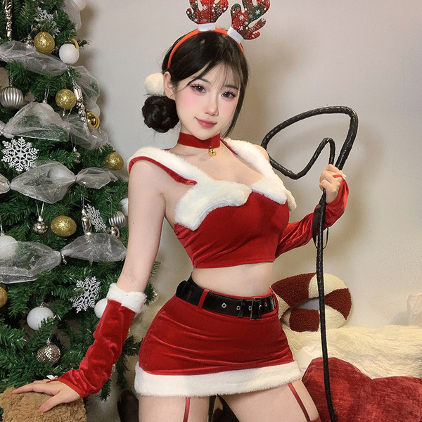 New Year Party Outfit - Sexy Busty Cosplay Costume, Tight Bodycon Mini Skirt for Nightclub & NYE Events - Christmas-themed hooded jumpsuit [choker + top + skirt + belt + sleeves]