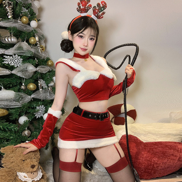 New Year Party Outfit - Sexy Busty Cosplay Costume, Tight Bodycon Mini Skirt for Nightclub & NYE Events - hooded Christmas outfit + whip