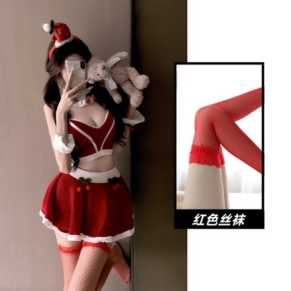 New Year Sexy Lingerie Set - Cherry-Themed Pure & Tempting Split Costume for Live Streamers - Two-piece Christmas outfit + red stockings