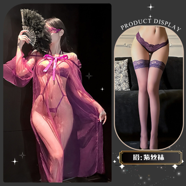 Sensual Lace Lingerie Set with Sheer Mesh & High-End Stockings - Sexy, Playful, Wearable Elegance - Shasha Tea Talk ~ + Purple Stockings