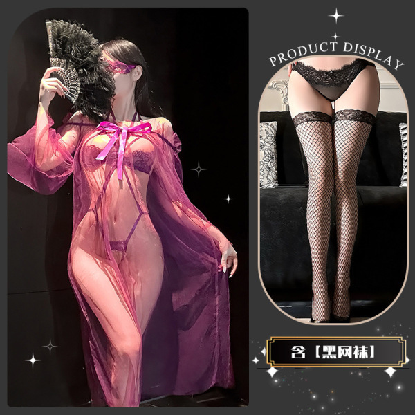 Sensual Lace Lingerie Set with Sheer Mesh & High-End Stockings - Sexy, Playful, Wearable Elegance - Shasha Tea Talk ~ + Black Fishnet Stockings