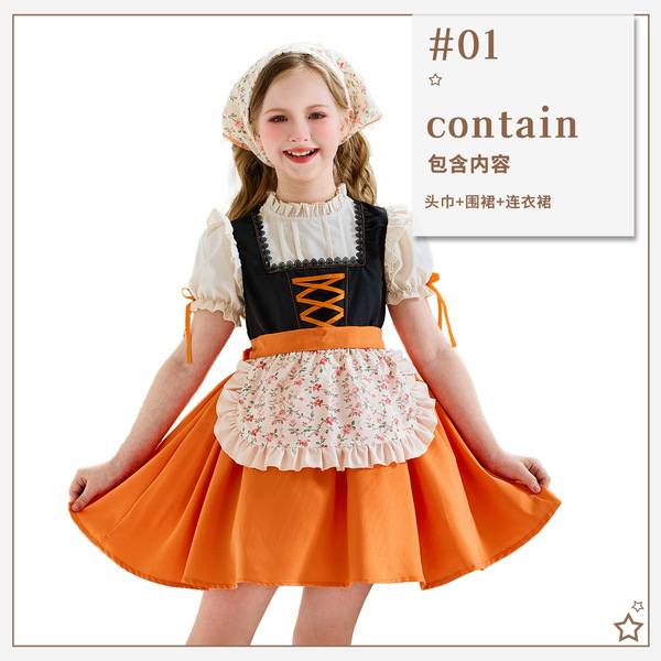Bavarian Children's Dirndl Dress - Oktoberfest Bavarian Girl Costume, Lolita Farmhouse Style Dress for Girls - headscarf + apron + dress + socks