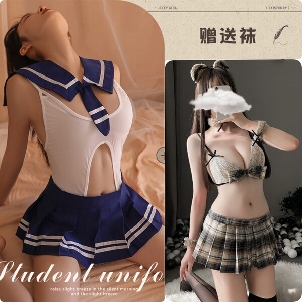 Japanese Schoolgirl Costume - Sexy Open-Crotch Bodysuit with Skirt, Sailor Style Uniform Outfit for Adults - [2-Piece Set] Campus JK Set + Cute Bear JK Set, plus 2 pairs of matching stockings