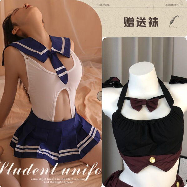Japanese Schoolgirl Costume - Sexy Open-Crotch Bodysuit with Skirt, Sailor Style Uniform Outfit for Adults - [2-Piece Set] Campus JK Set + Sexy JK Skirt, plus 2 pairs of matching stockings