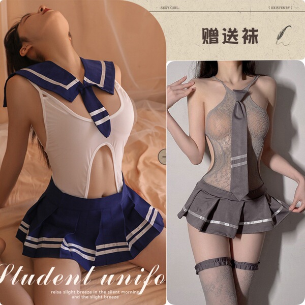 Japanese Schoolgirl Costume - Sexy Open-Crotch Bodysuit with Skirt, Sailor Style Uniform Outfit for Adults - [2-Piece Set] Campus JK Set + Pure and Alluring Schoolgirl (includes 2 pairs of matching stockings)