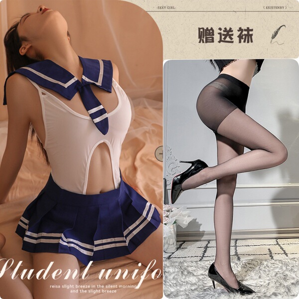 Japanese Schoolgirl Costume - Sexy Open-Crotch Bodysuit with Skirt, Sailor Style Uniform Outfit for Adults - Schoolgirl JK outfit (with stockings) + sexy open-crotch stockings