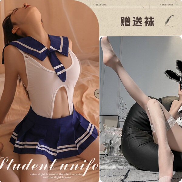 Japanese Schoolgirl Costume - Sexy Open-Crotch Bodysuit with Skirt, Sailor Style Uniform Outfit for Adults - Schoolgirl JK outfit (with stockings) + lace-trimmed stockings