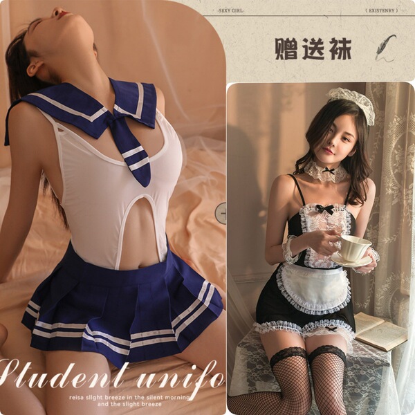 Japanese Schoolgirl Costume - Sexy Open-Crotch Bodysuit with Skirt, Sailor Style Uniform Outfit for Adults - [2-Piece Set] Schoolgirl JK Set + Sweet Maid Set with 2 Pairs of Matching Stockings