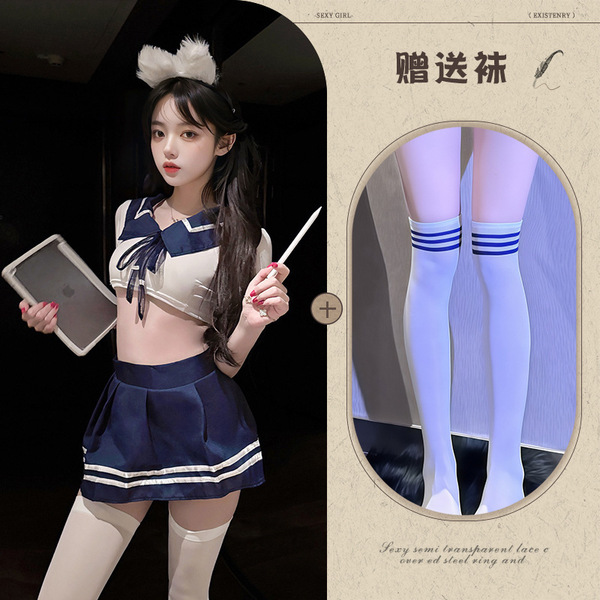 QQNY Pure Allure Lace Sleepwear Set – Elegant Sensual Women's Intimate Nightwear, Premium Soft Fabric - Sailor uniform white and blue + school socks [black stripes] white socks
