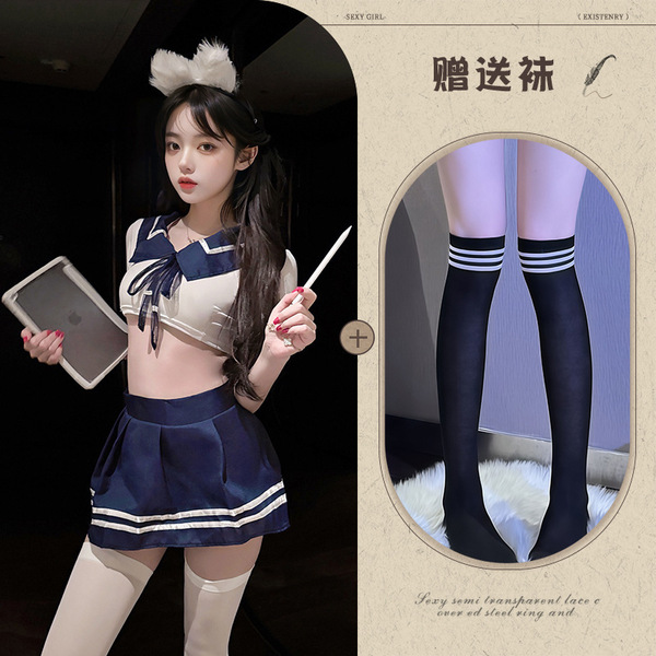 QQNY Pure Allure Lace Sleepwear Set – Elegant Sensual Women's Intimate Nightwear, Premium Soft Fabric - Sailor uniform (white and blue) + school socks (white stripes) + black socks
