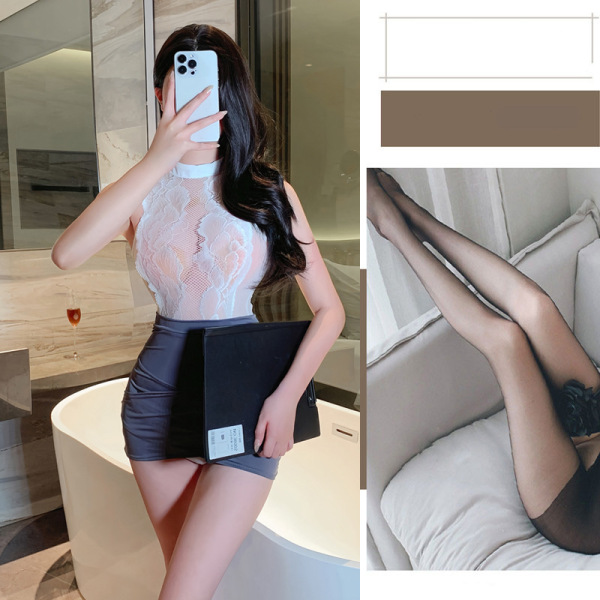 Pure & Seductive Lingerie Set - Modest Yet Sexy Secretary Skirt Outfit, No-Remove Cosplay Sleepwear - Secretary + Black Open Crotch Stockings