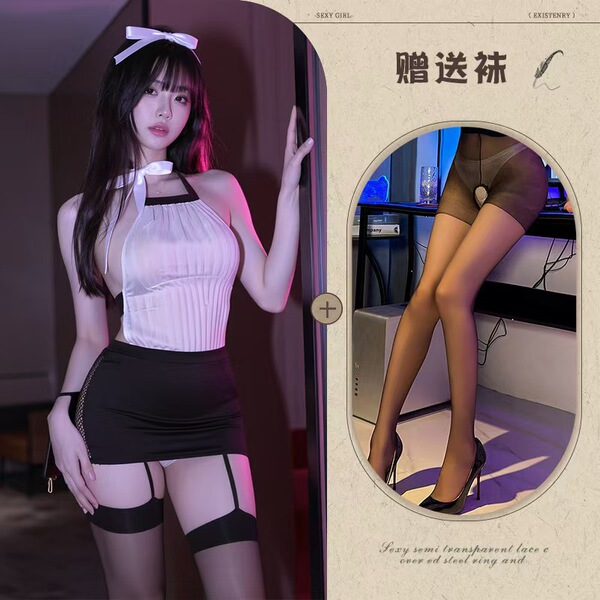 Yilizi Pure & Tempting Backless Hollow Bodycon Lingerie Set - Sensual Role Play Outfit for Women - Secretary outfit + black open-crotch stockings