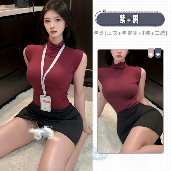 Premium Seductive Secretary Skirt Set - High-Waisted Bodycon Office Uniform Lingerie Outfit, No-Remove Design - Secretary: Purple + Black + Open Crotch Bodysuit + Eye Mask + Headband