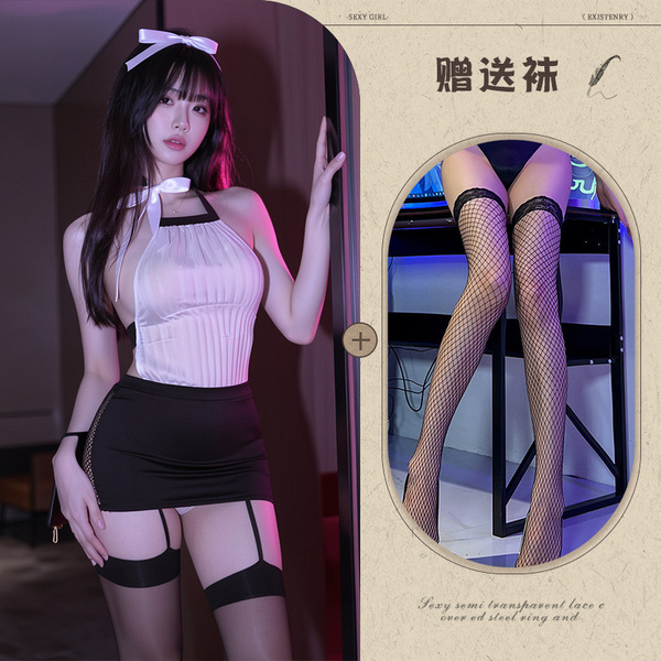 Night Charm Alluring Backless Cutout Bodycon Lingerie Set - Seductive Role Play Outfit for Women - Secretary outfit + black fishnet stockings