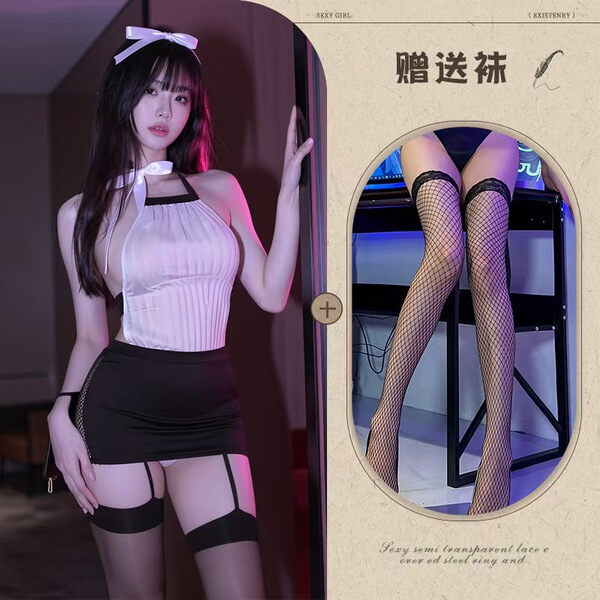 Yilizi Pure & Tempting Backless Hollow Bodycon Lingerie Set - Sensual Role Play Outfit for Women - Secretary outfit + black fishnet stockings
