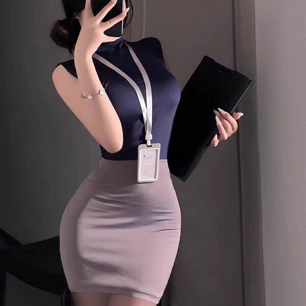Seductive Secretarial Skirt Set - Airline Stewardess Costume, Removable Sexy Lingerie Outfit for Women - Secretary - Dark Gray [Top + Skirt + Name Tag + Thong]