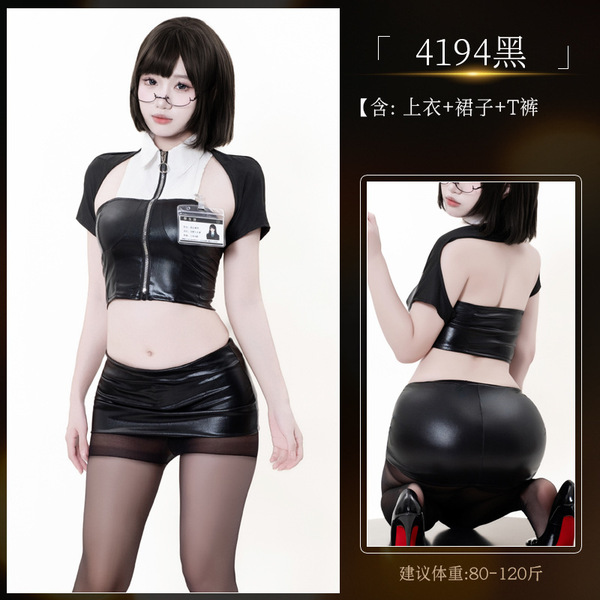 OL Style Sexy Lingerie Set - Leather-look Secretary Cosplay Outfit with Pencil Skirt & Police Uniform Accents - 4194 Secretary Outfit [Top + Skirt + T-shirt]