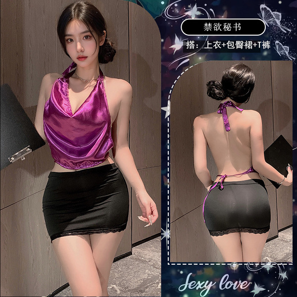 Meinaer Plus Size Seductive Backless Lace Set - Busty Alluring Deep V-Neck Bodycon Lingerie Outfit - ◆Abstinent Secretary-General◆ Purple + Black [Top + Bodycon Skirt + Thong] + Stockings