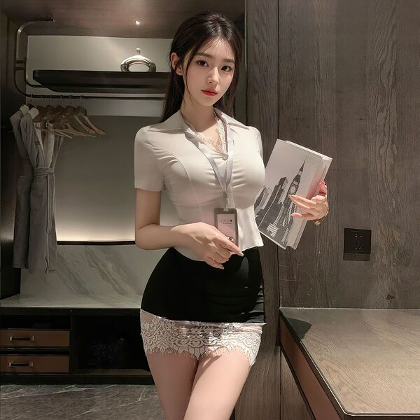 Sexy Lace Secretary Costume Set - Seductive Sleepwear for Women, No-Remove Pure Temptation Outfit - Secretary Outfit [Top + Skirt + Name Badge + Underwear]