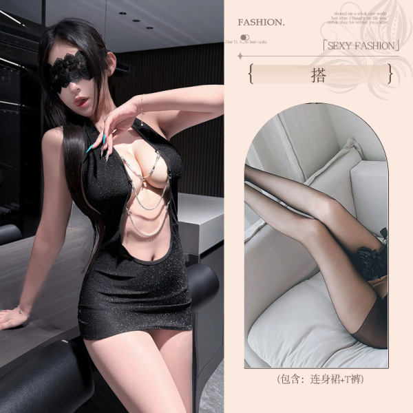 Pure & Seductive Lingerie Set - Sexy Playful Sleepwear for Women, Romantic Intimate Outfit - Secretary [Secretary outfit + bra chain + black open-crotch stockings]
