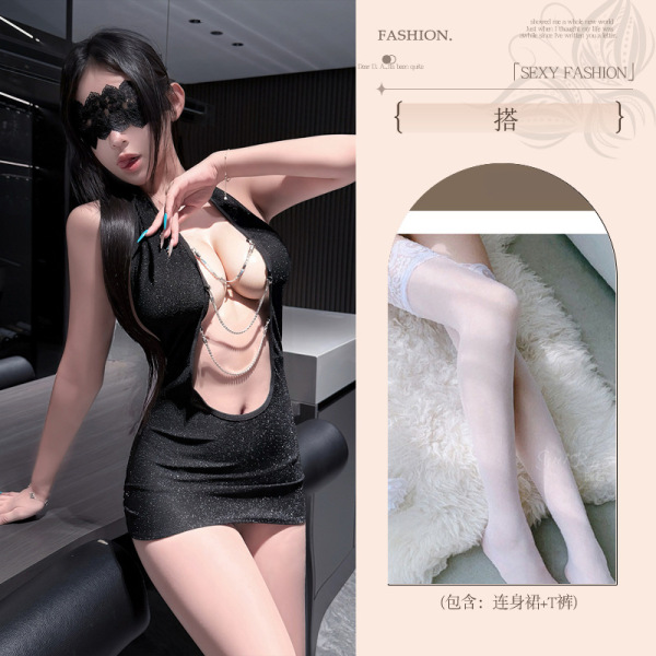 Pure & Seductive Lingerie Set - Sexy Playful Sleepwear for Women, Romantic Intimate Outfit - Secretary [Secretary outfit + bra chain + white stockings + blindfold]