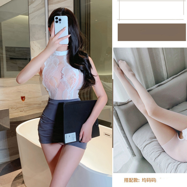 Pure & Seductive Lingerie Set - Modest Yet Sexy Secretary Skirt Outfit, No-Remove Cosplay Sleepwear - Secretary + White Open Crotch Socks