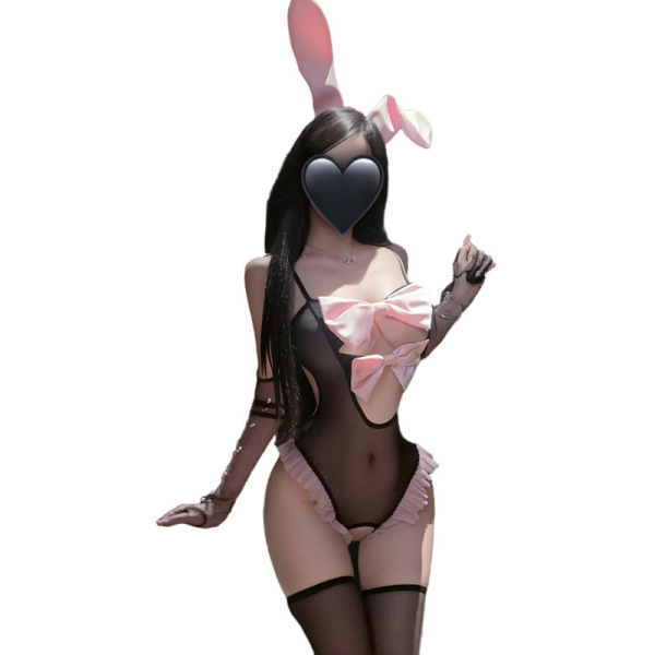 Luxury seductive bunny girl sleepwear set with lace bodysuit, pink bow, ears, and thigh-highs. provocative no-remove intimate...