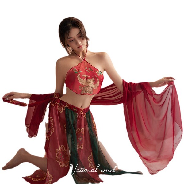 Seductive chinese dance costume set - sheer hanfu-inspired sensual lingerie & silk court gown for women, featuring intricate ...