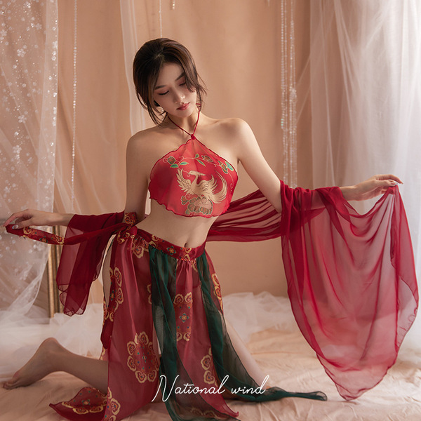 Seductive chinese dance costume set - sheer hanfu-inspired sensual lingerie & silk court gown for women, featuring intricate ...