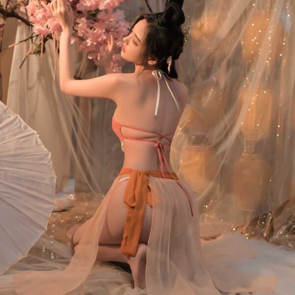 Seductive chinese-inspired lingerie set featuring hanfu-style design, perfect for sexy sleepwear and belly dance costumes.