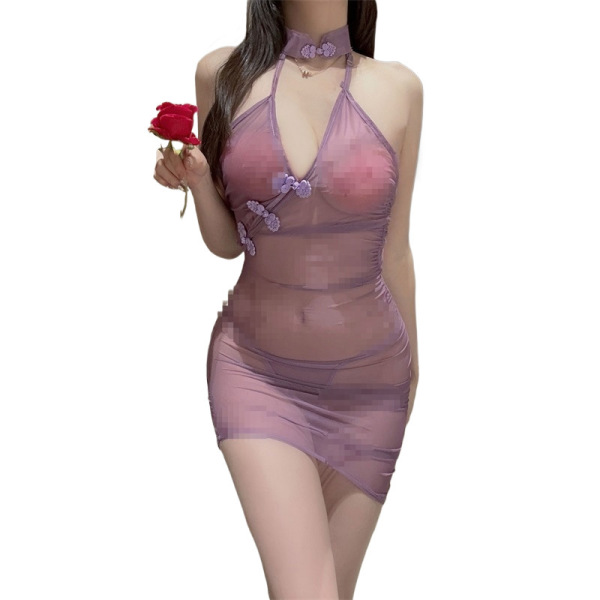 Seductive chinese-style lace cheongsam sleepwear with deep v plunge, transparent straps, and floral details.