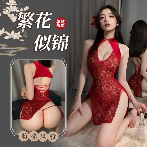 Seductive chinese-style lingerie set - open-crotch cheongsam for small busts, pure temptation couples play