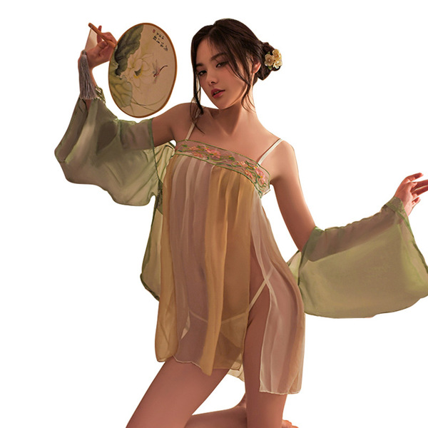 Seductive chinese-style lingerie set featuring sheer hanfu dance costume with floral embroidery, perfect for belly dance, sle...